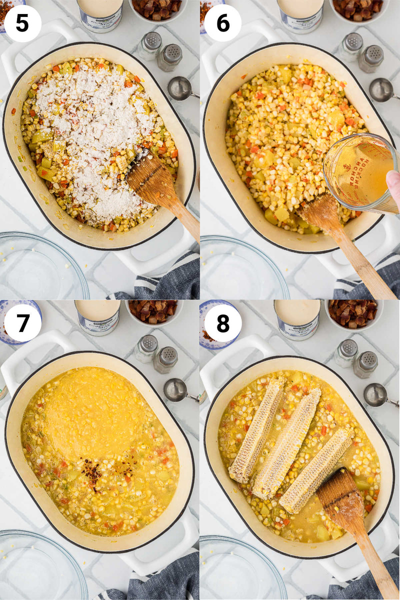 Steps five through eight for how to make corn chowder.