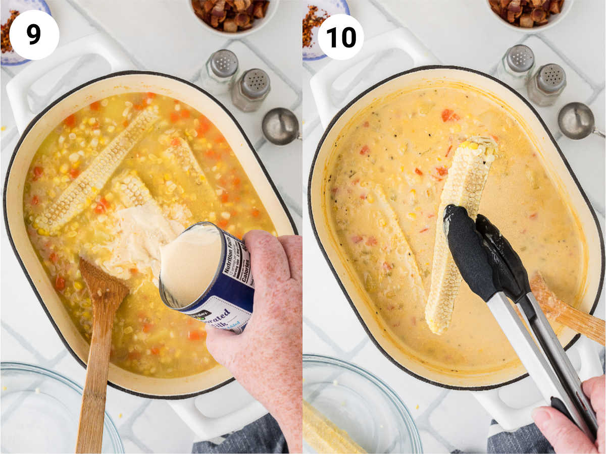 Steps nine and ten for how to make corn chowder.