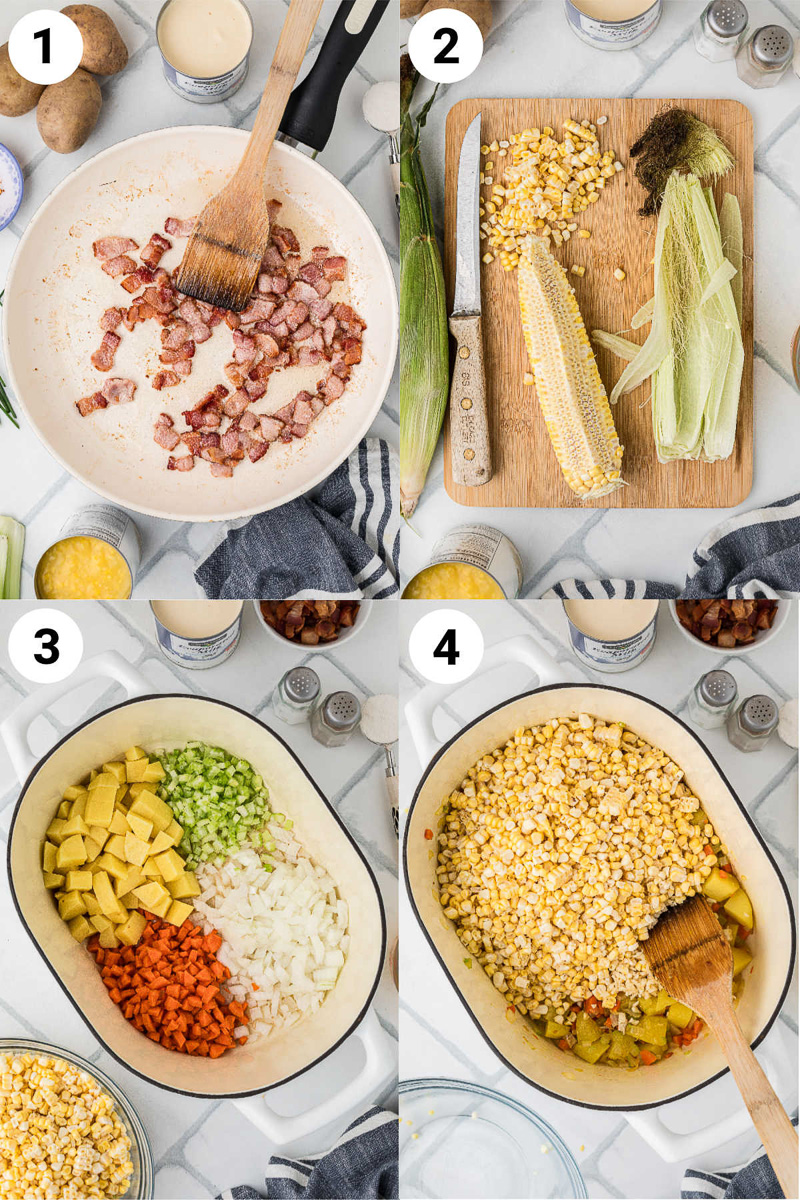 First four step by step images for how to make corn chowder.