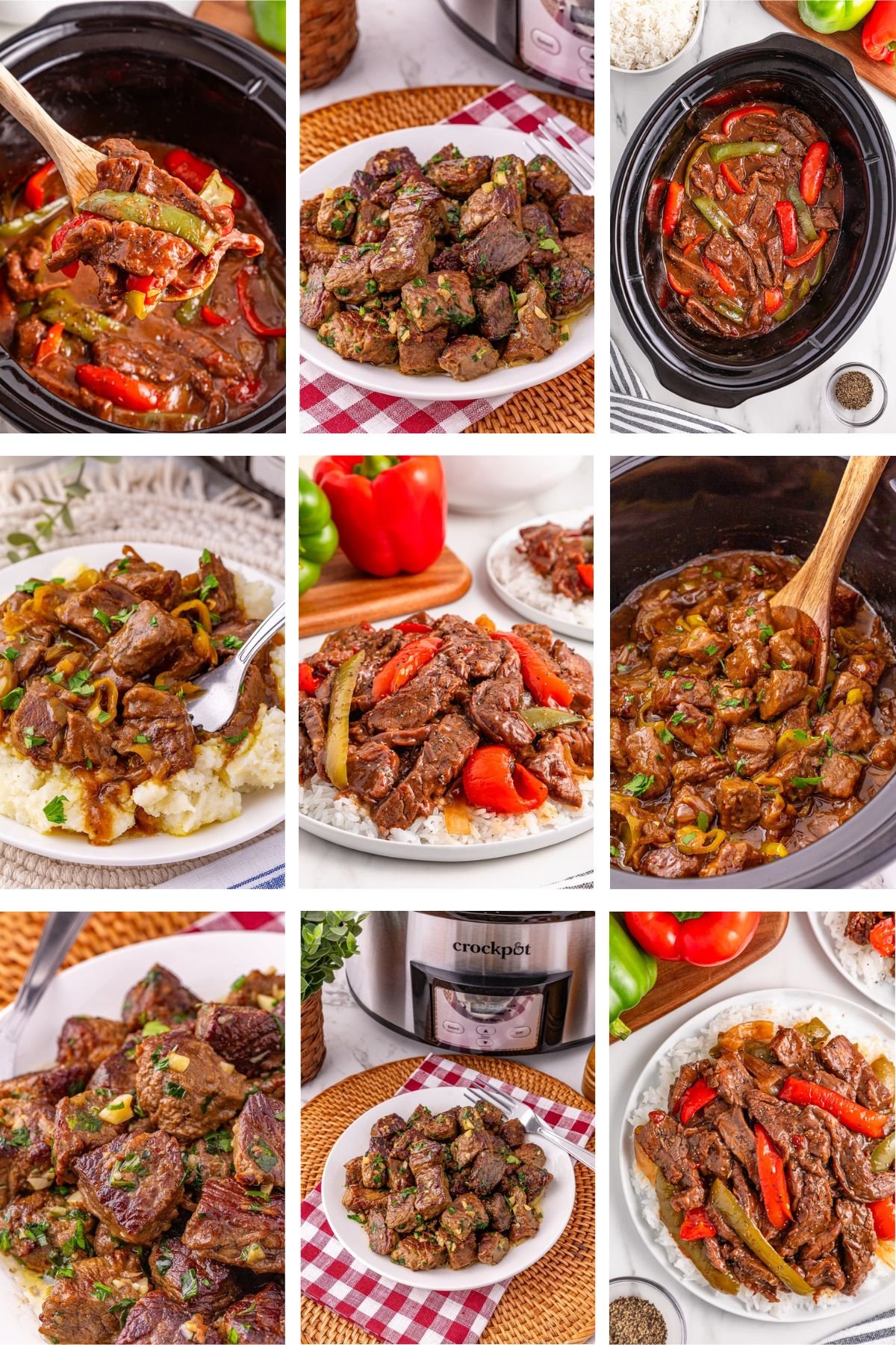 Photo collage with crockpot steak recipes.