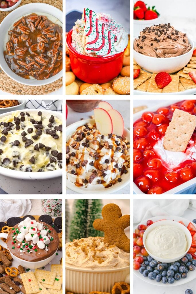 Photo collage with creamy dessert dip recipes.