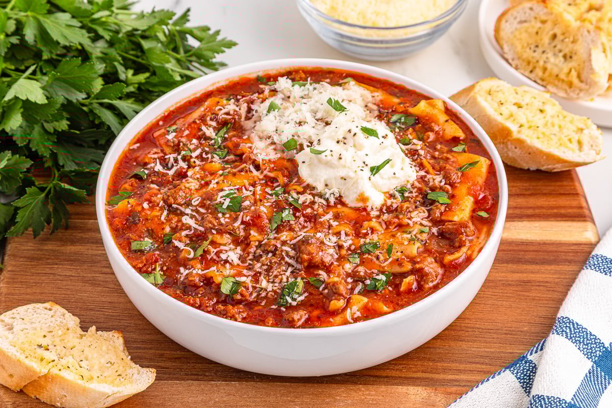 Lasagna soup in a bowl.