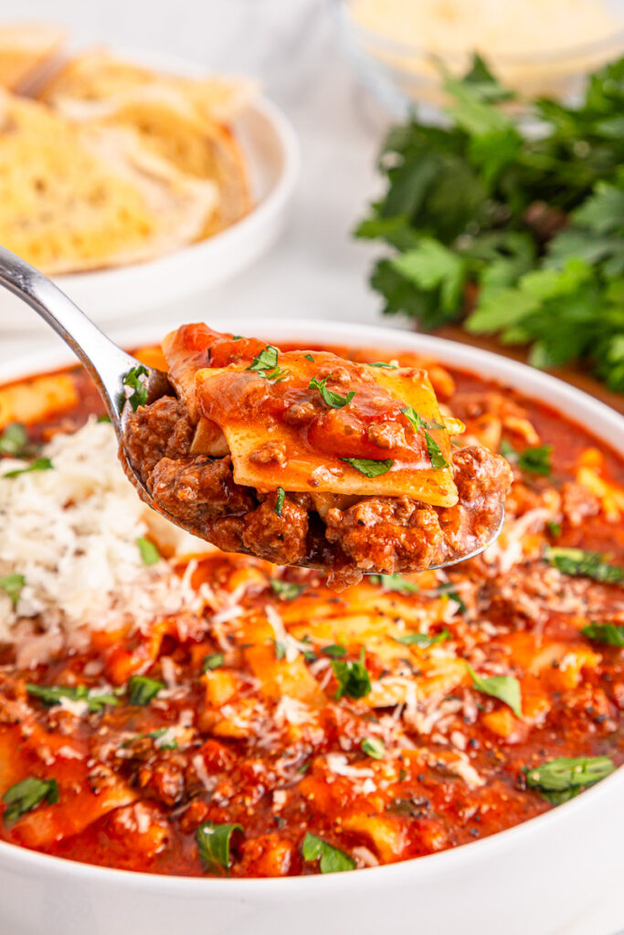 Lasagna soup in a bowl.