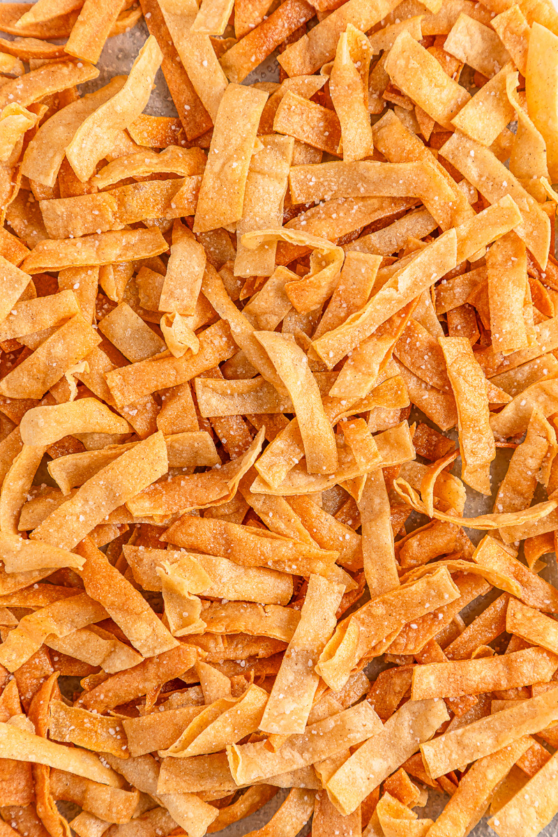 Close up image of tortilla strips cooling in baking dish.