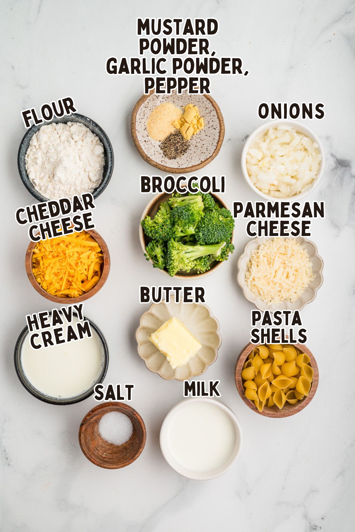 Labelled ingredients for broccoli mac and cheese.