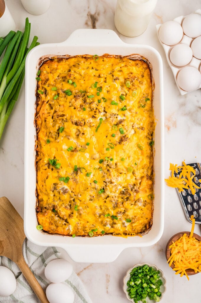 Baked pancake casserole straight from the oven.