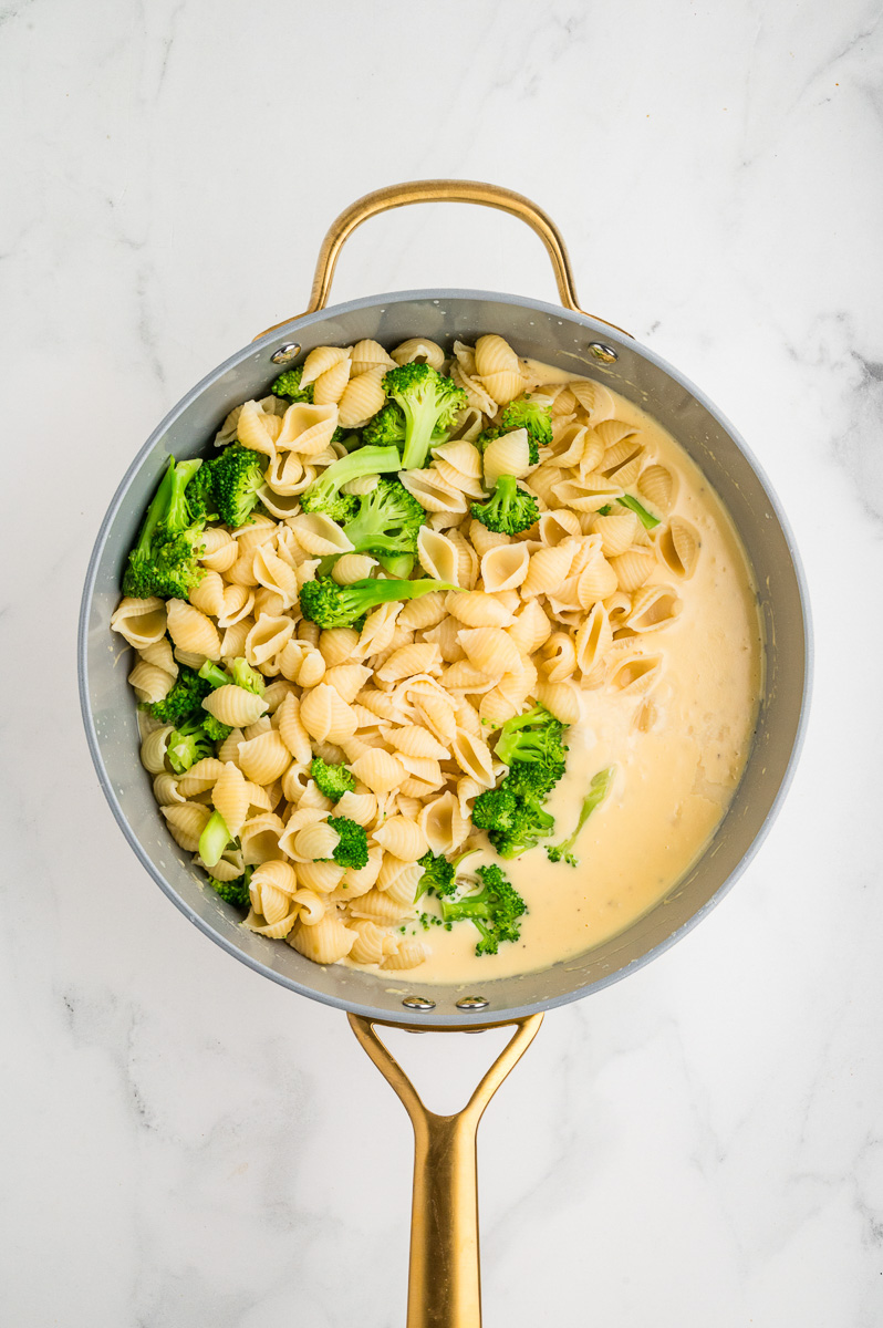 Cooked pasta & broccoli is added to skillet.