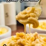 Mac and cheese with Velveeta in dish.