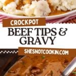 Photo collage with beef tips and gravy.