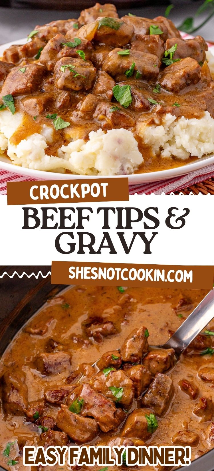 Photo collage with beef tips and gravy.