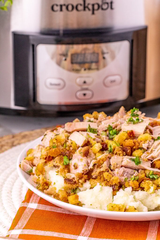 Crockpot pork chops and stuffing served on a white plate with mashed potatoes.