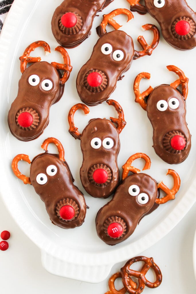 Reindeer nutter butters on a white plate.