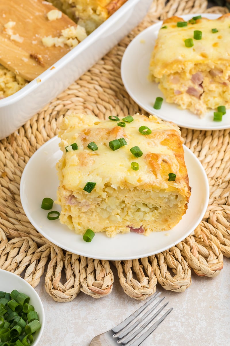 Breakfast casserole served on plate.