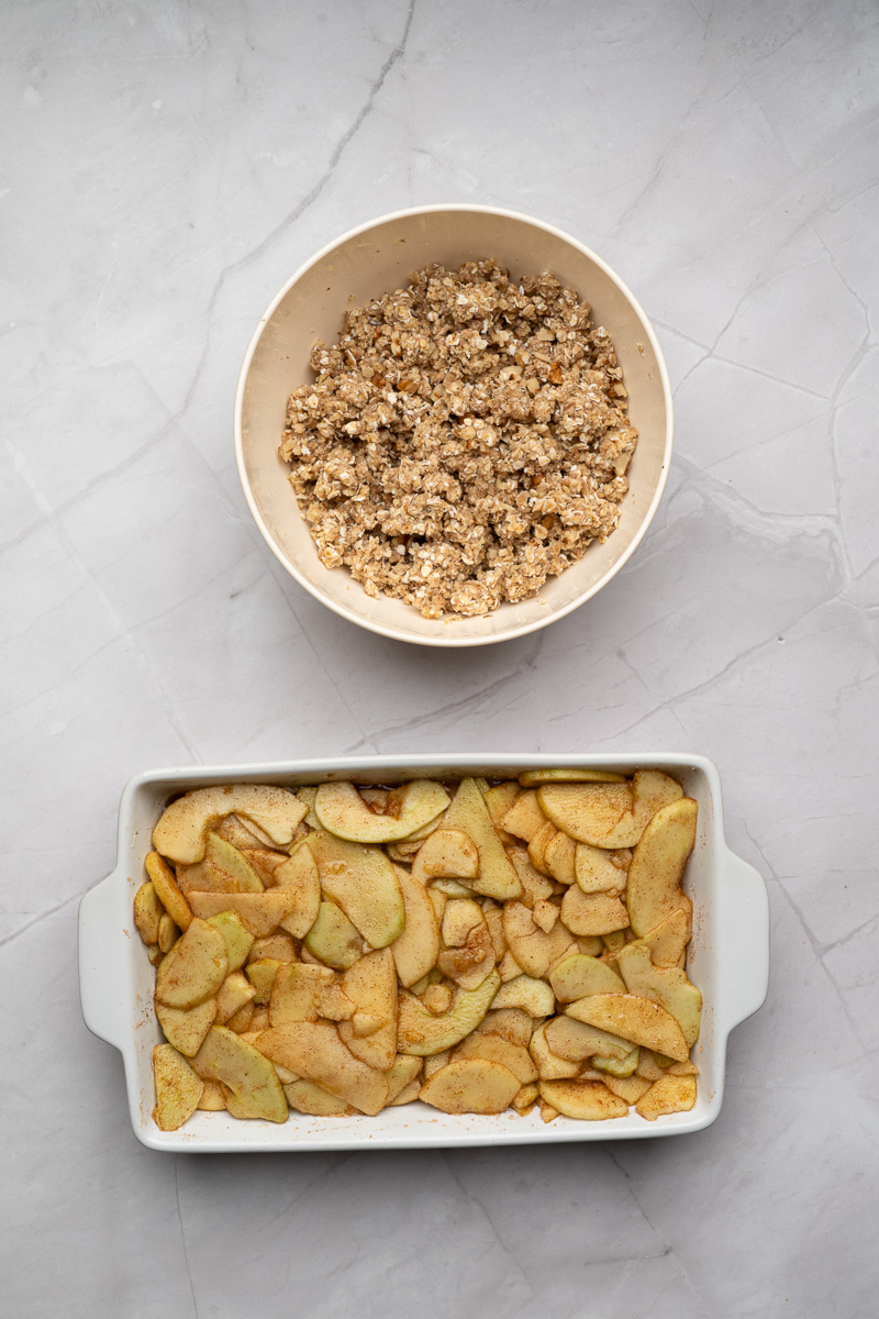 Crumble topping in glass bowl.