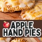 Apple hand pies on wooden board.