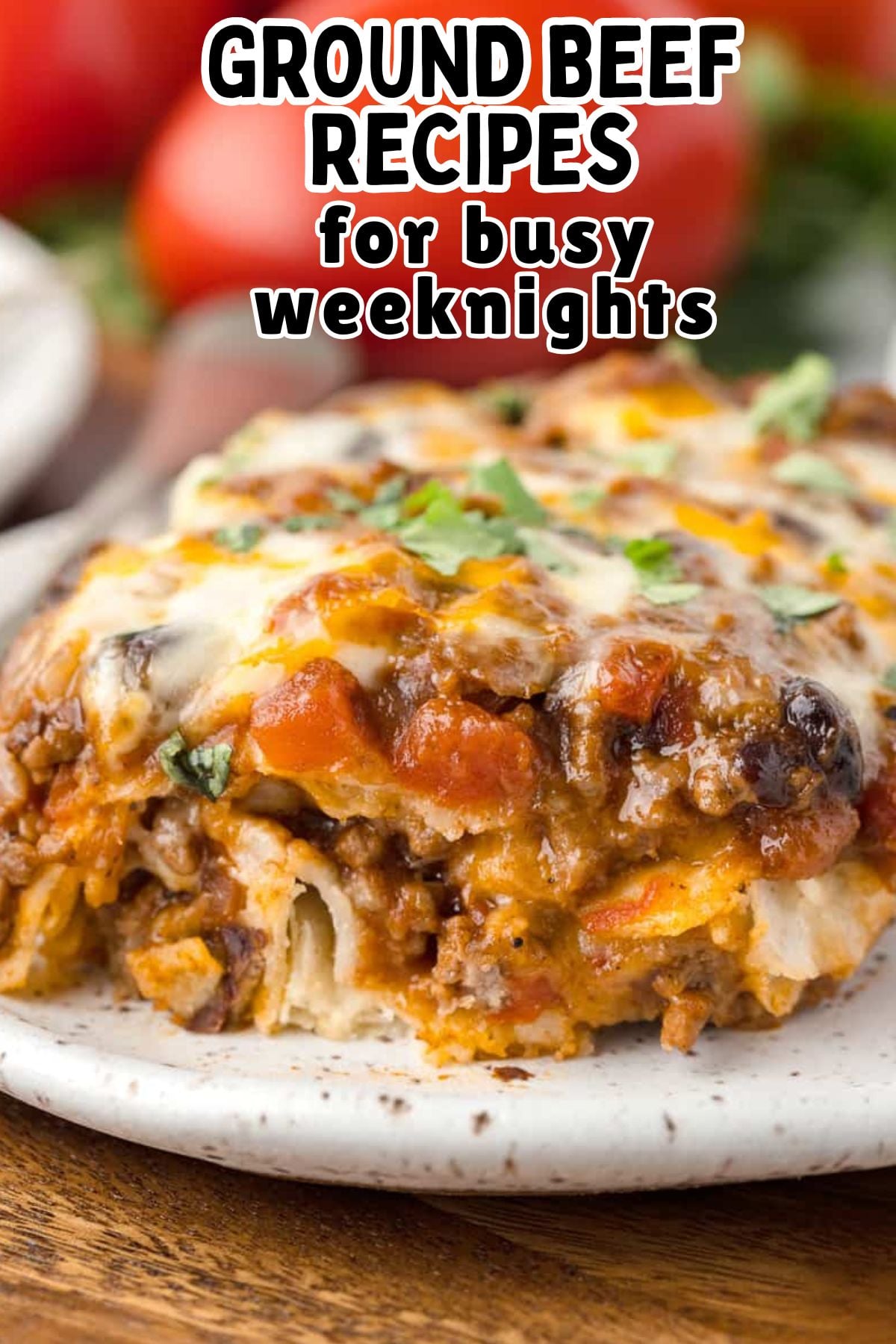 Beef enchilada casserole served on a plate.