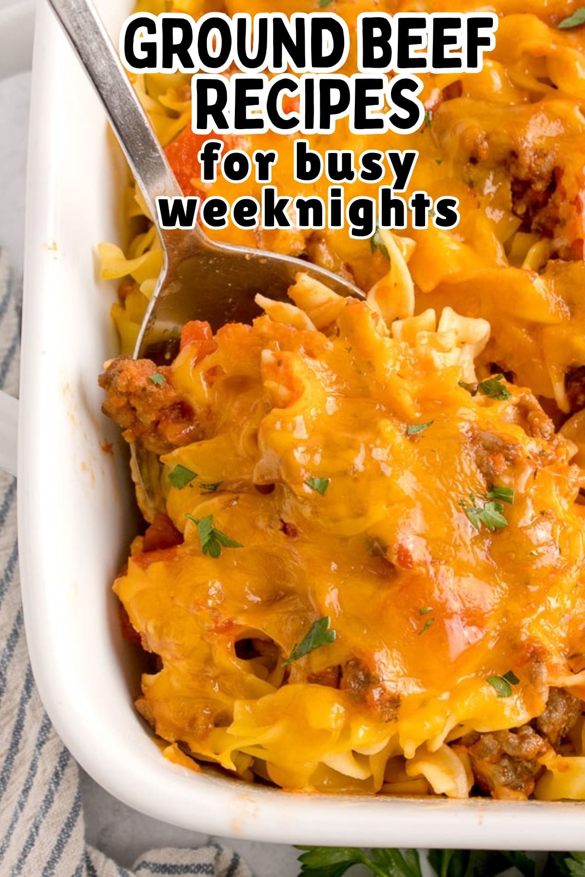 Ground beef noodle casserole in baking dish, ready to be served.