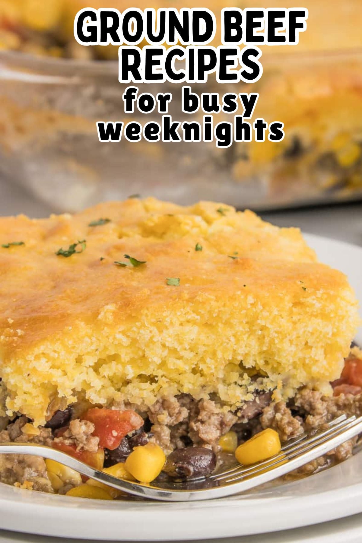 Cowboy cornbread casserole on a white plate.