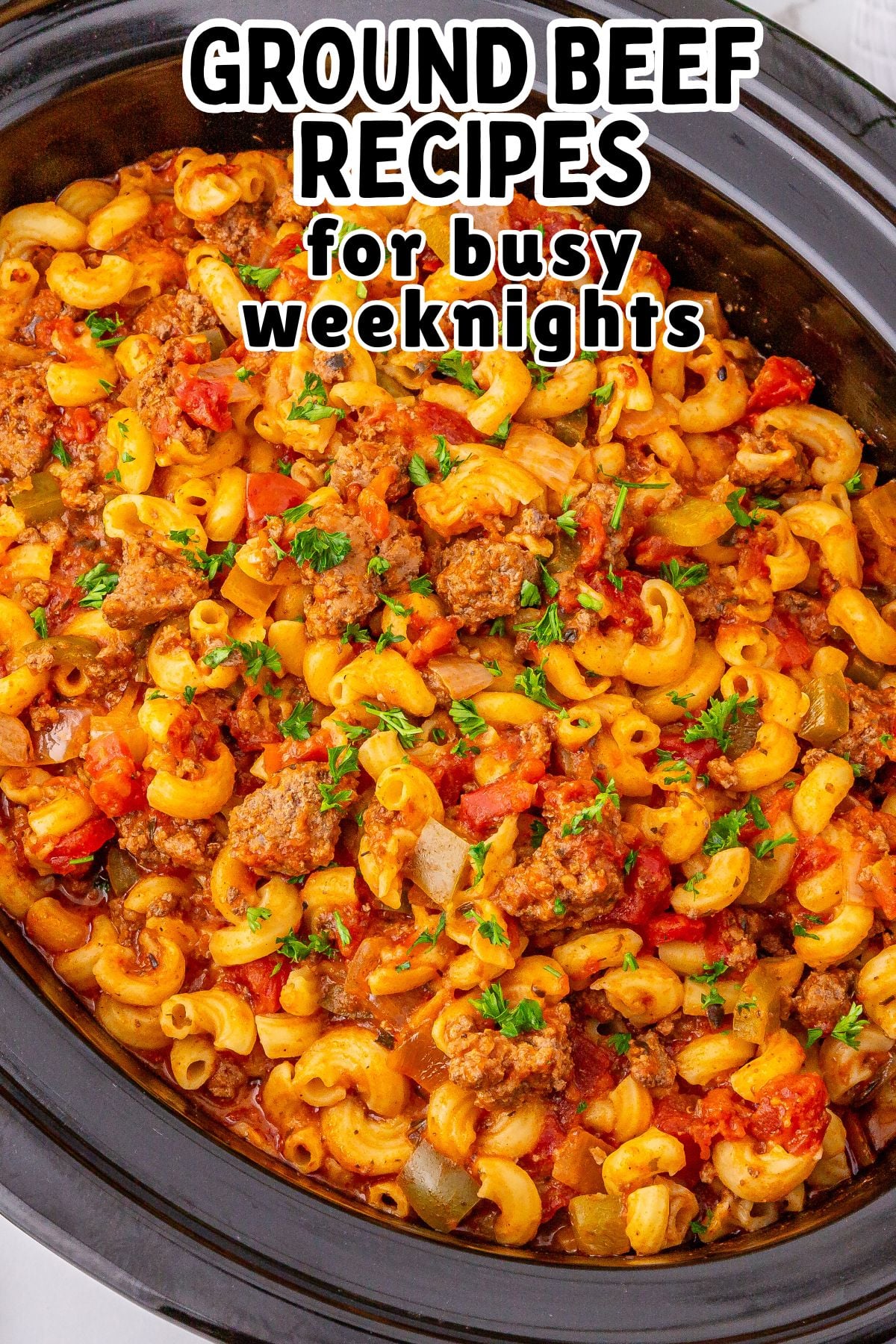 Crockpot American goulash in crockpot ready to be served.