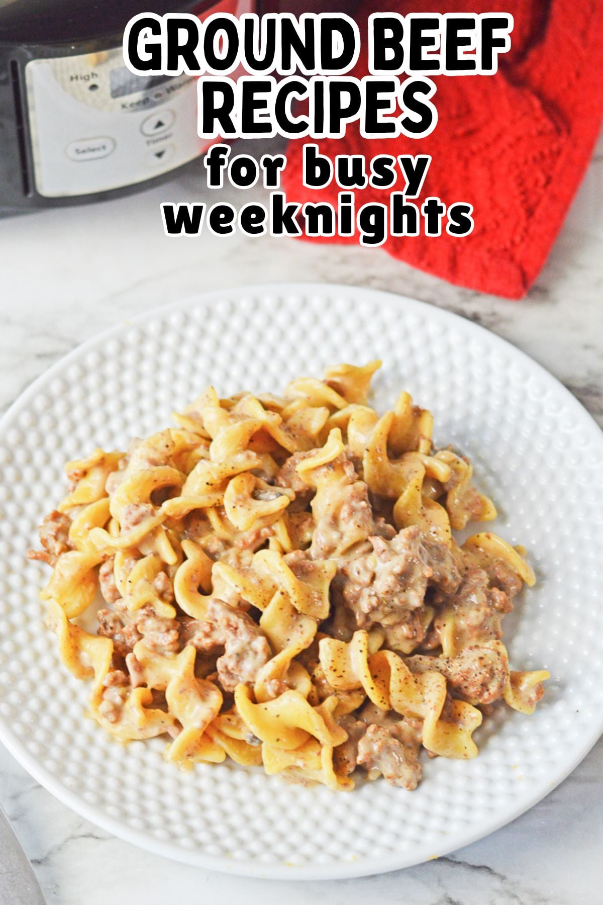 Crockpot ground beef stroganoff served on a white plate.