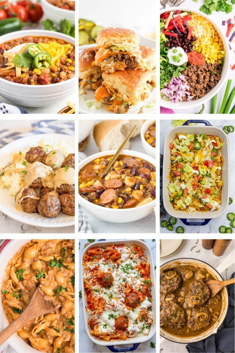 Photo collage with ground beef recipes.