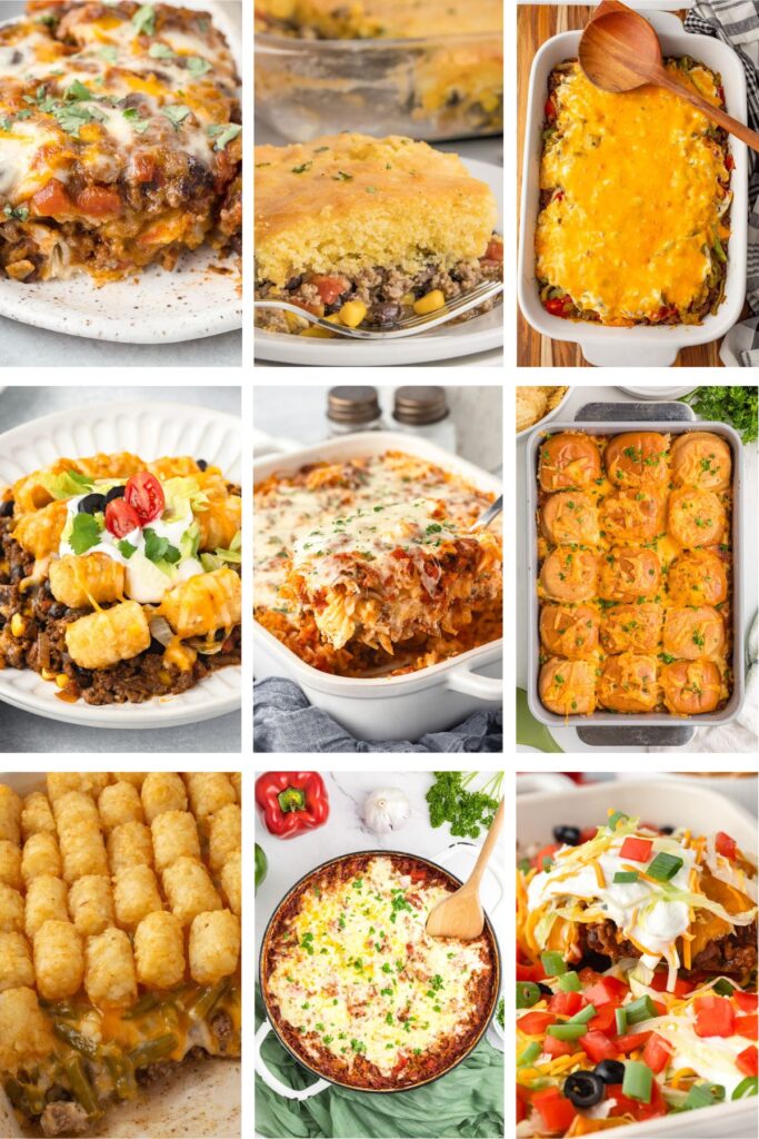 Photo collage with ground beef casserole recipes.