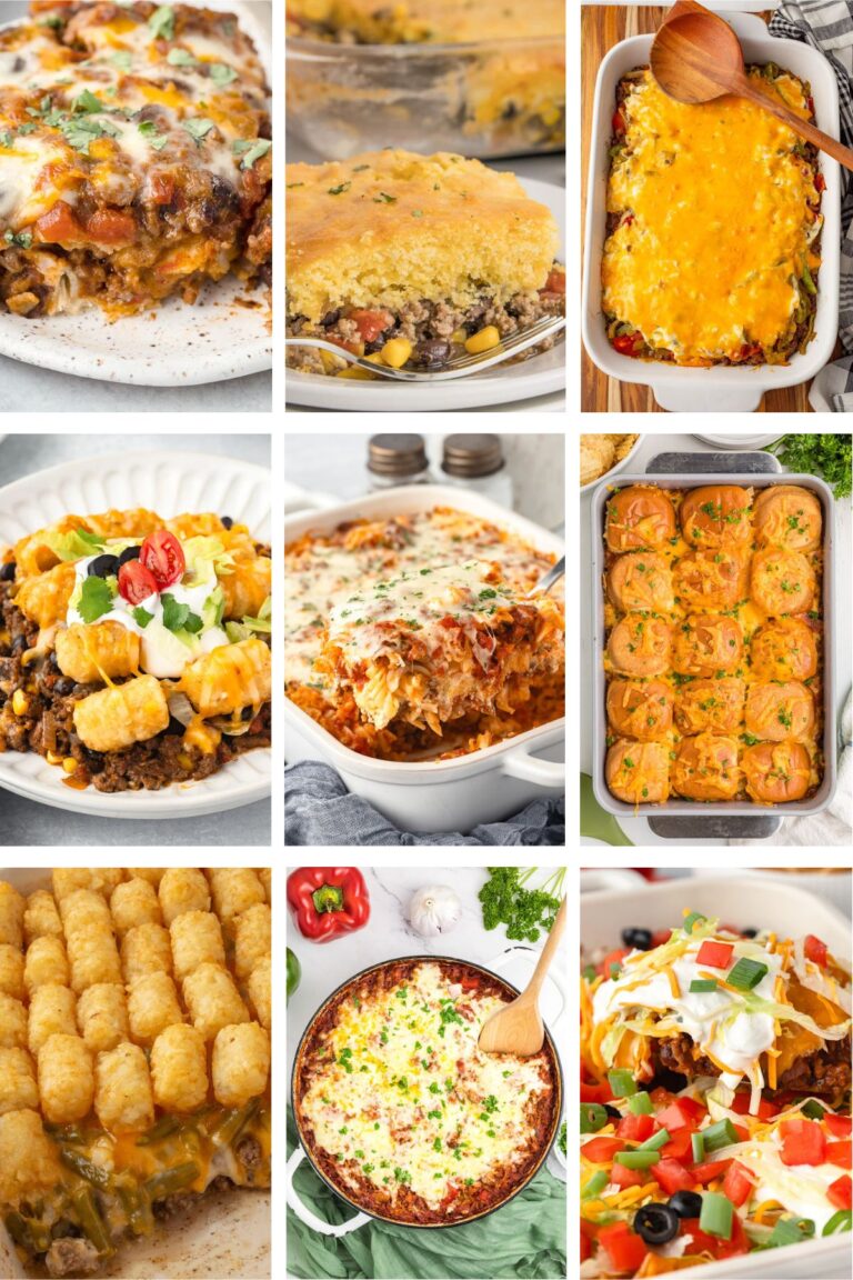 Photo collage with ground beef casserole recipes.