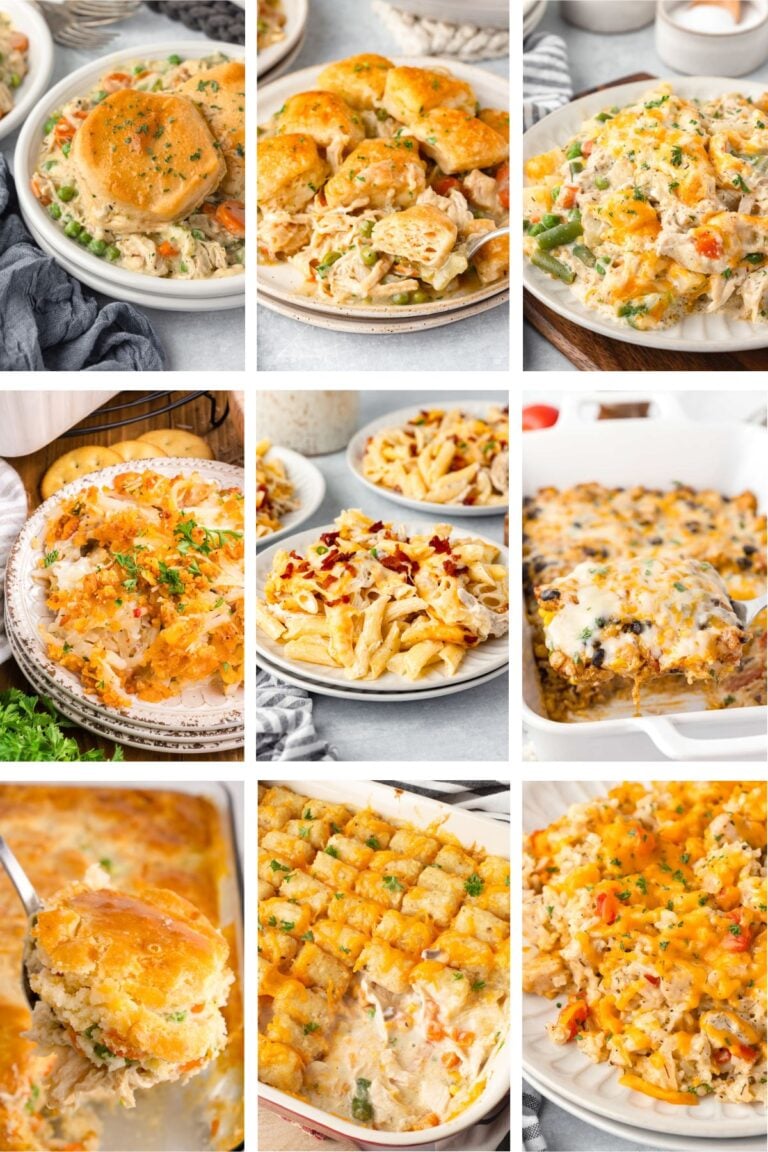 Photo collage with chicken casserole recipes.