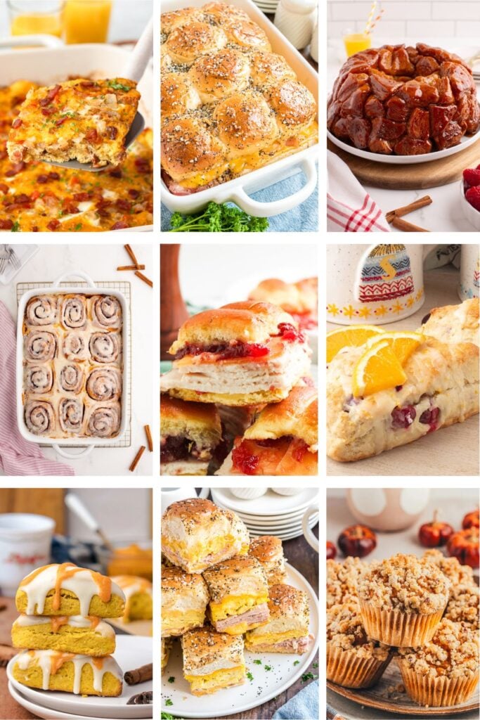 Photo collage with Thanksgiving brunch recipes.