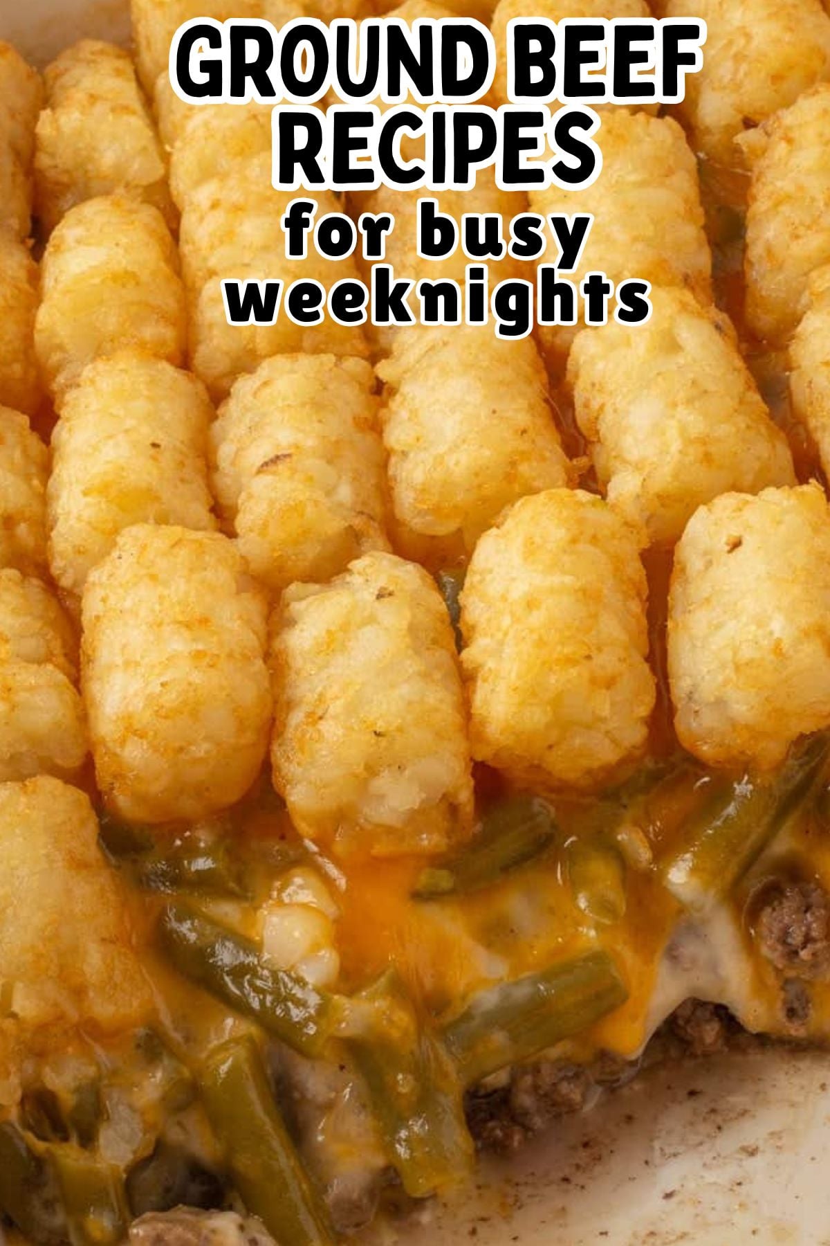 Ground beef tater tot casserole in baking dish ready to be served.