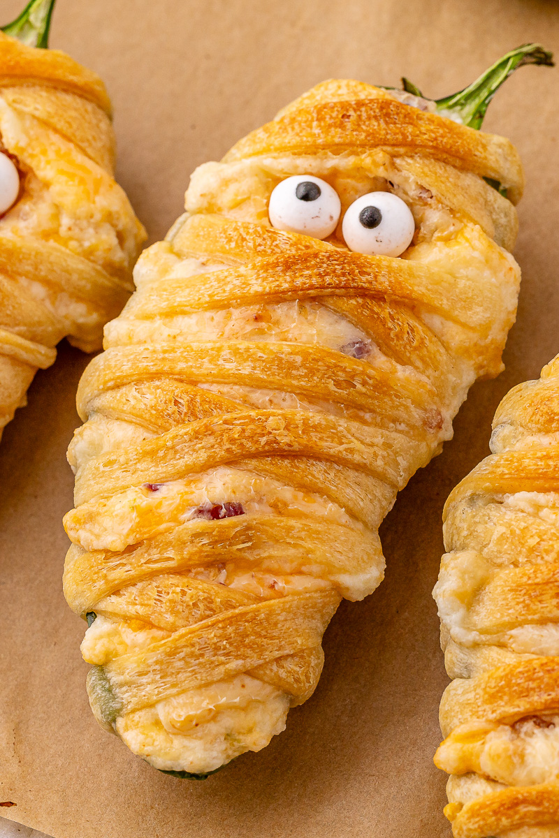 Finished dish of jalapeno popper mummies ready to enjoy.