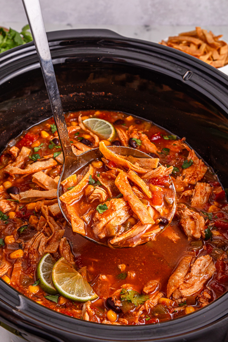 Scoop of chicken tortilla soup held over crockpot.