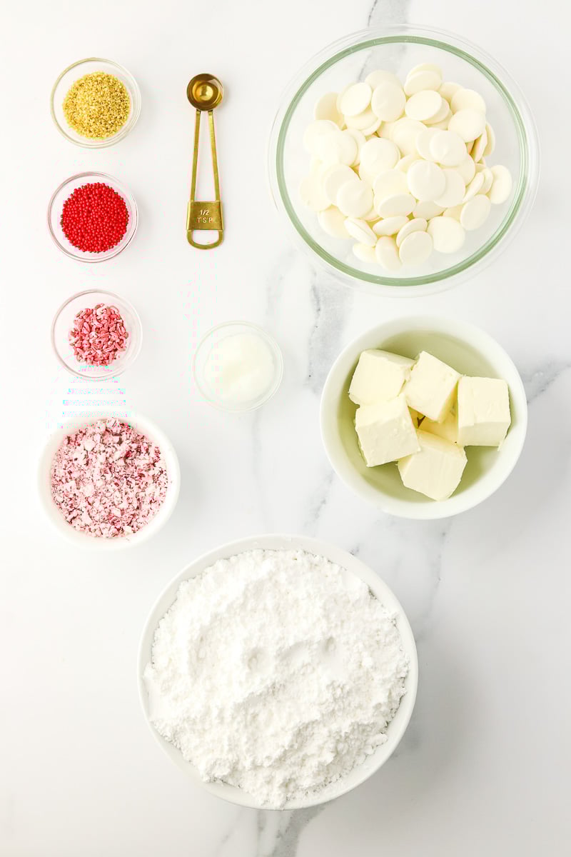 Ingredients for recipe laid out in small bowls on kitchen counter.