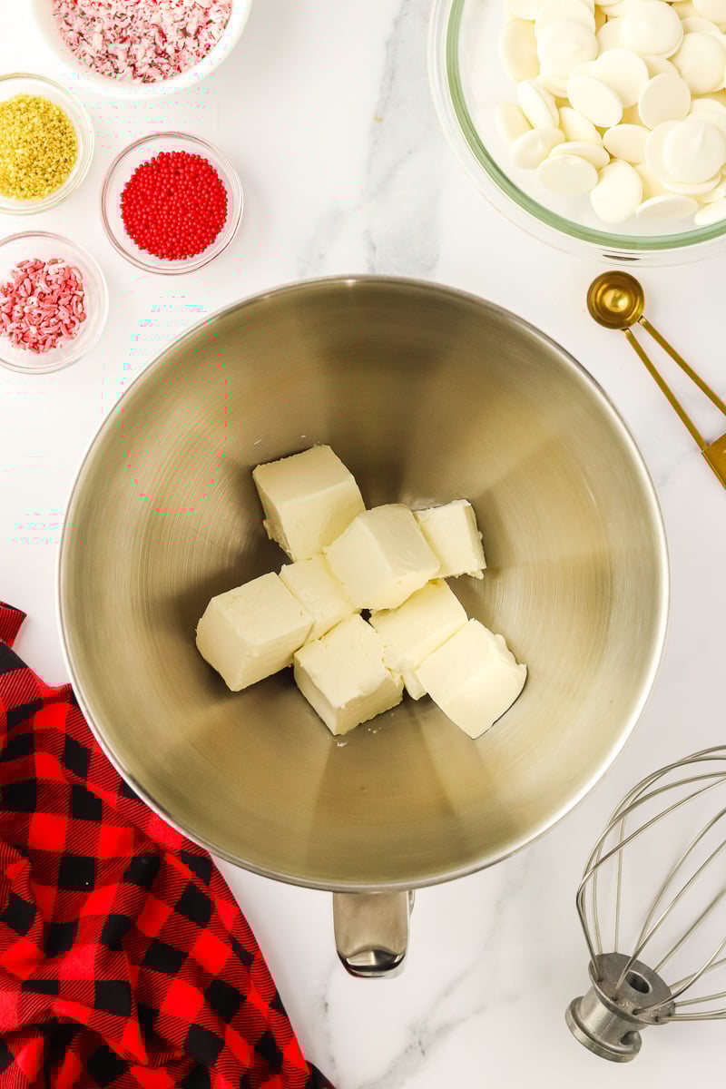 Cream cheese in mixing bowl.