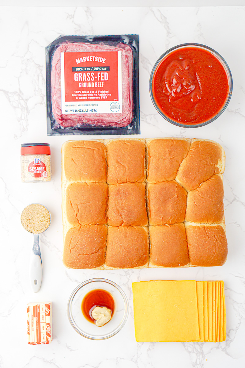 Ingredients for sloppy joe sliders laid out on kitchen counter to prep for the recipe.
