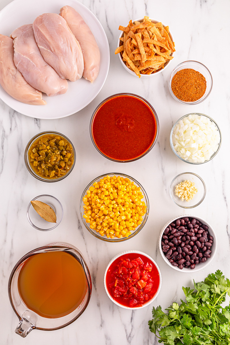 Ingredients for slow cooker tortilla soup in small bowls on counter.