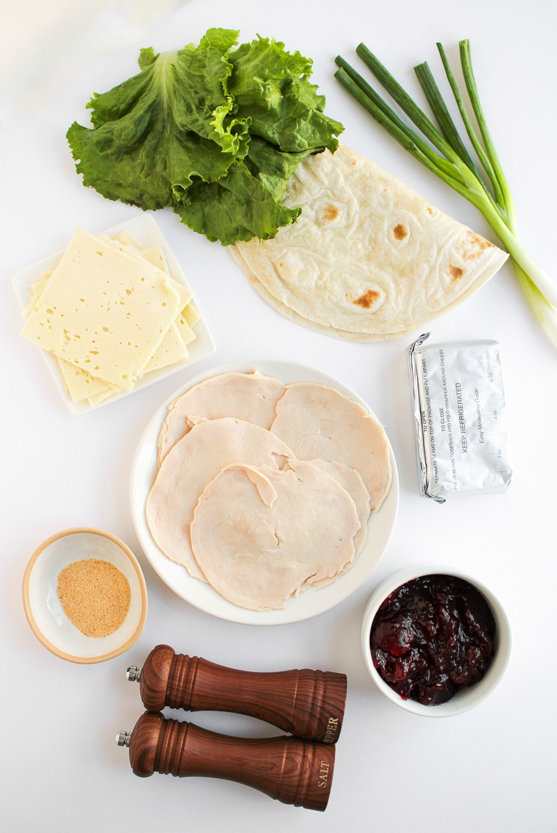 Turkey pinwheels ingredients laid out on counter prepared for the recipe.
