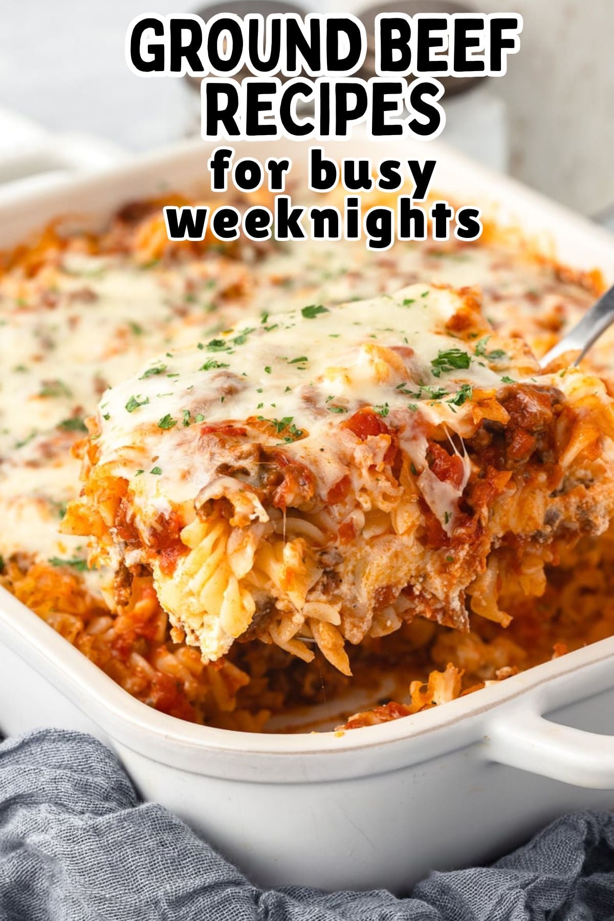Lazy lasagna in casserole dish reay to be served.