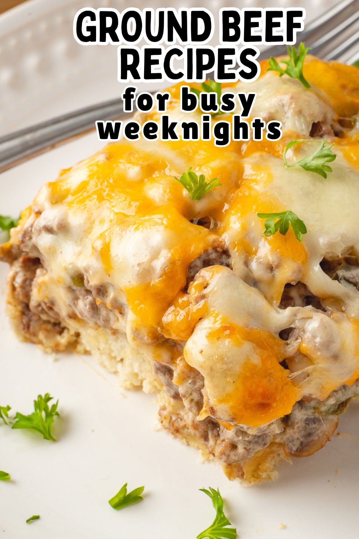 Philly cheesesteak casserole serve on a white plate.