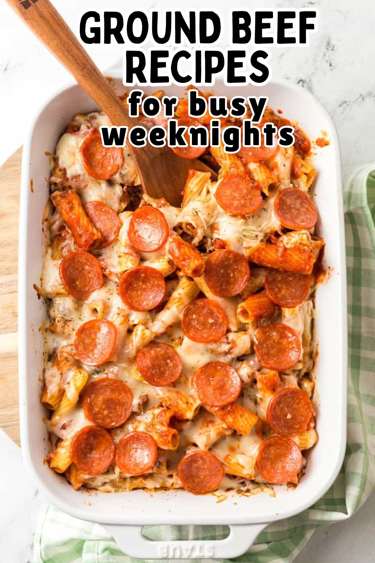 Pizza casserole in baking dish, fresh from the oven.