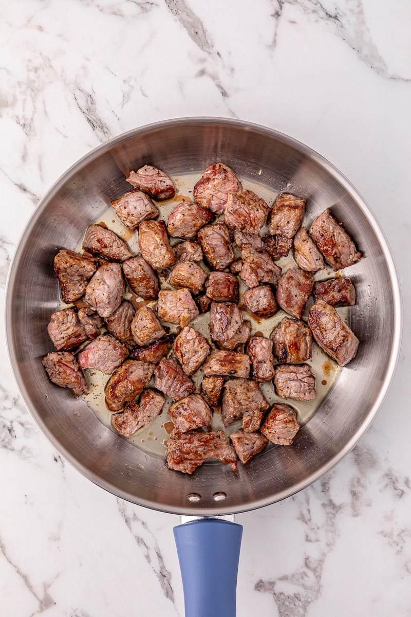 Beef tips browned in skillet.