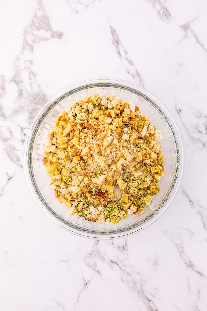 Stuffing mix in glass bowl.