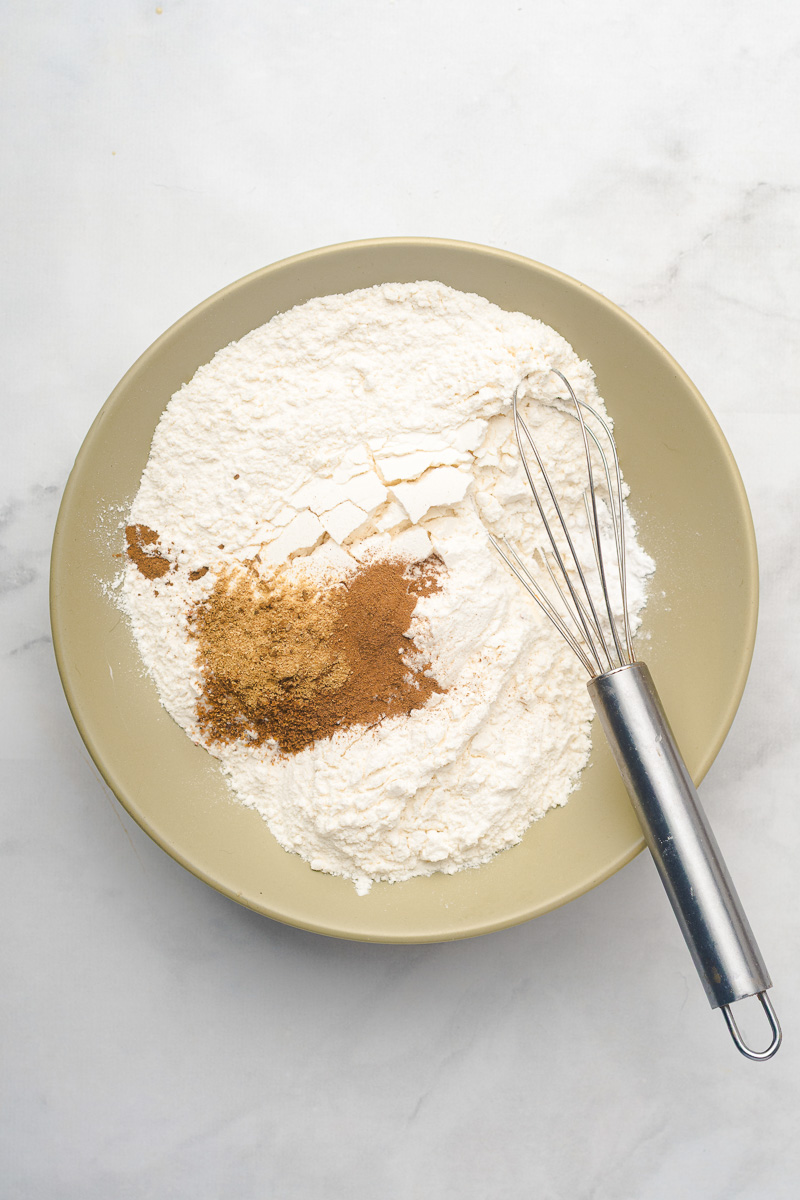 Dry ingedeints in mixing bowl with whisk.