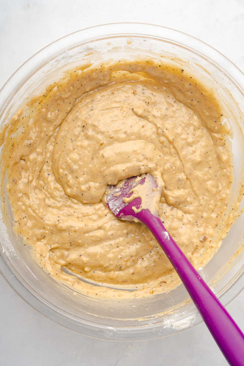 Wt and dry ingredients combined in mixing bowl.