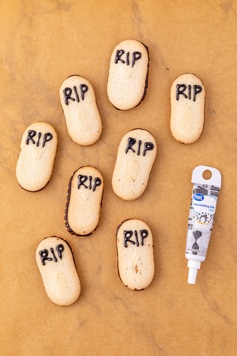 Milano cookies with R.I.P. written on with icing.