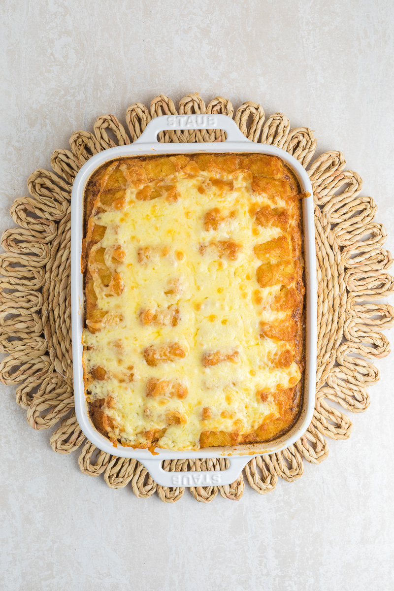 Baked breakfast casserole in bain gish ready to be served.