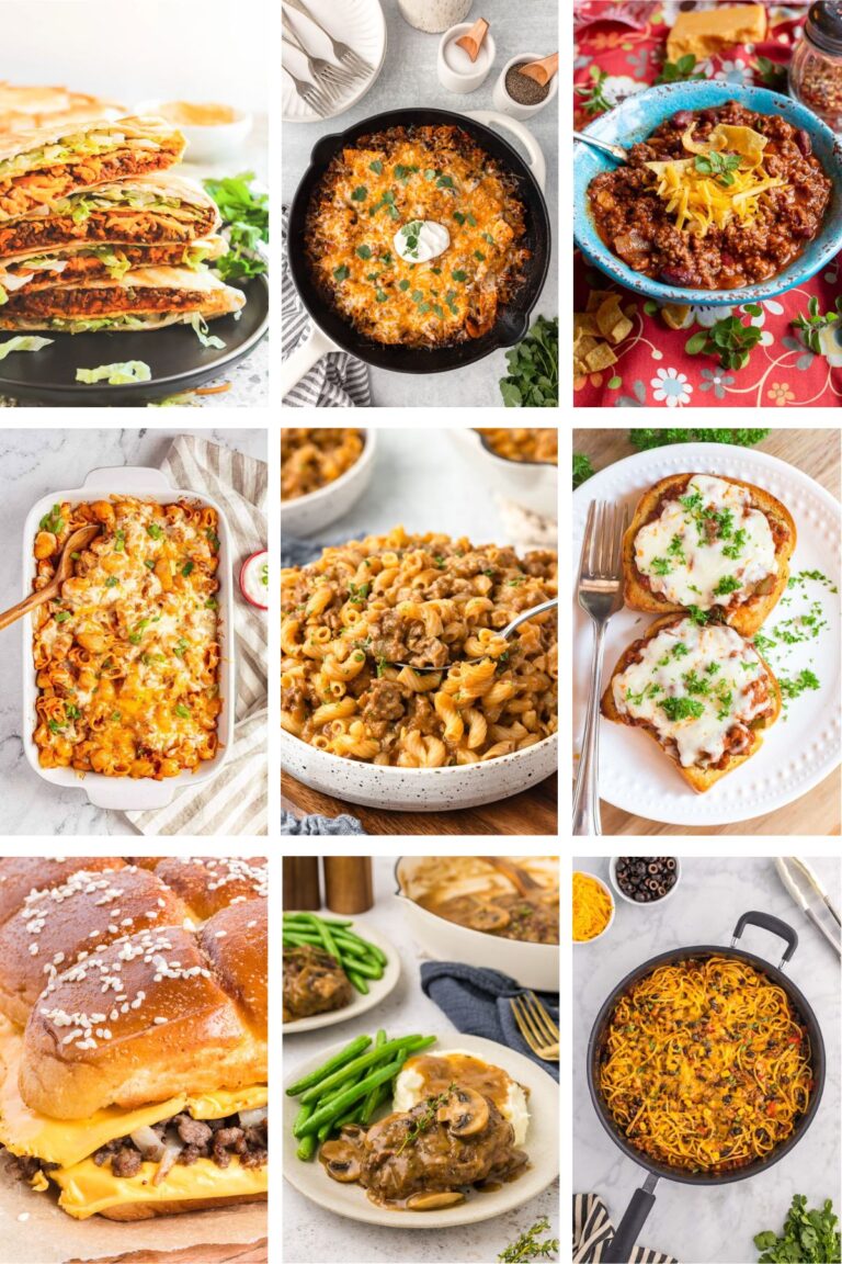 Photo collage with ground beef recipes.