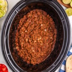 Slow cooker taco meat in crockpot, ready to serve.