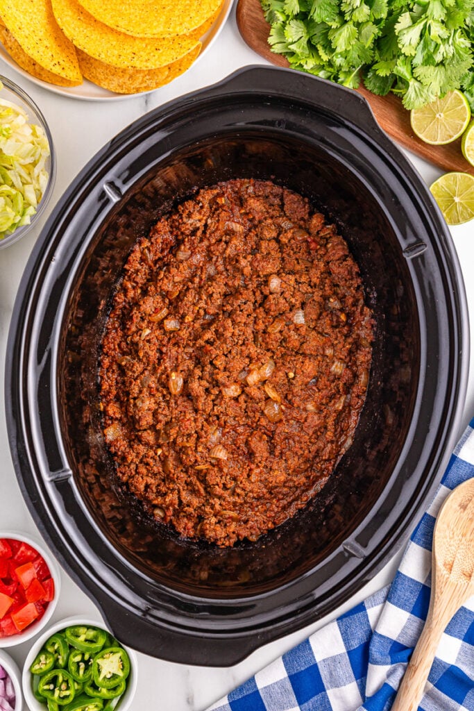 Slow cooker taco meat in crockpot, ready to serve.
