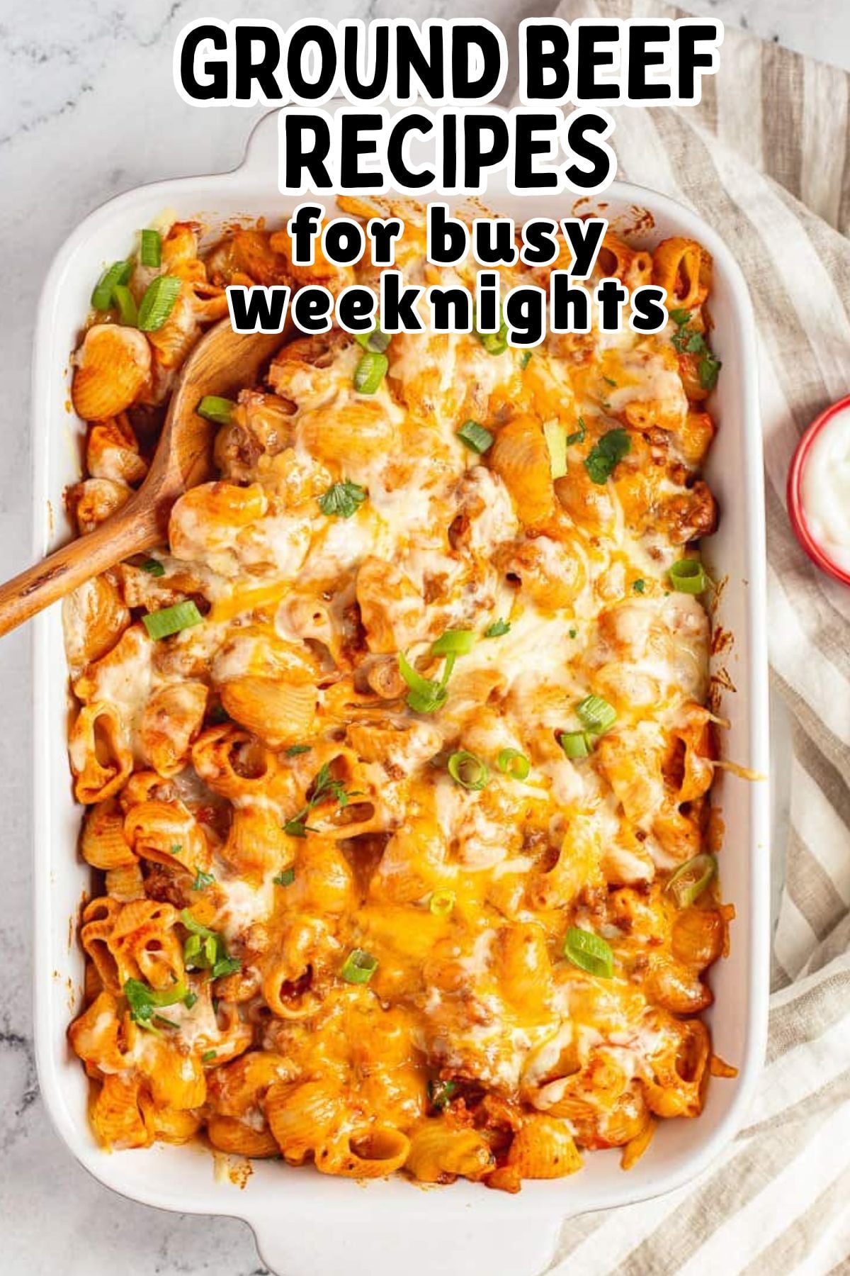 Taco pasta bake in casserole dish ready to be served.